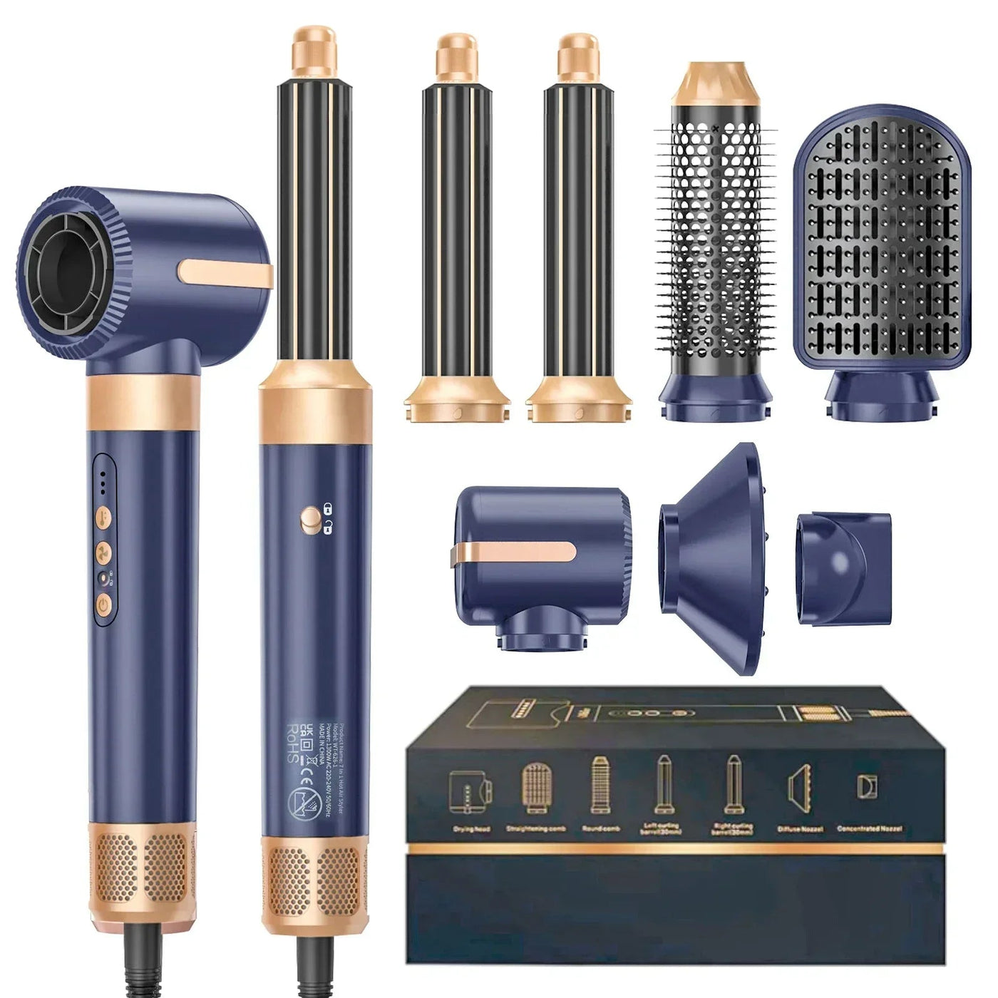 7 In 1 Hair Dryer Brush Brushless High Speed Hair Dryer with Diffuser Ionic Blow Dryer Hot Air Styling Comb Auto Hair Curler Soldes-ShopOnline