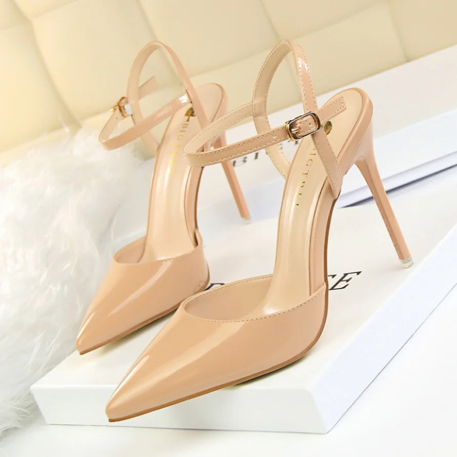 86-1 Style Simple Slim Ultra High Heel Shallow Painted Leather Sexy Nightclub Slimming One-word Strap Women Cool Shoes Soldes-ShopOnline