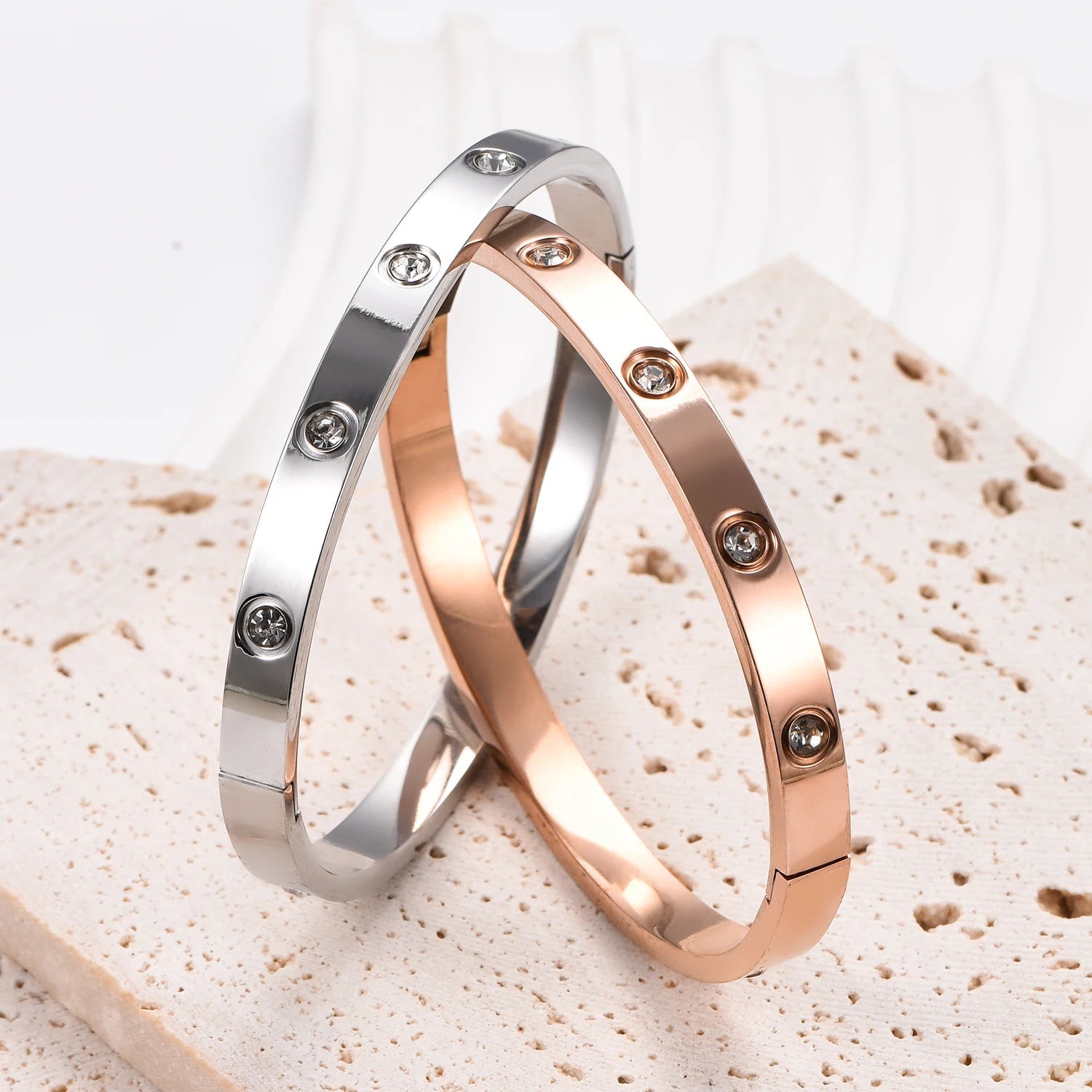6mm Wide Exquisite Zircon Openable Bracelet for Women ,Stainless Steel Polished Bangle Bracelets,Girl Jewelry Gifts Soldes-ShopOnline