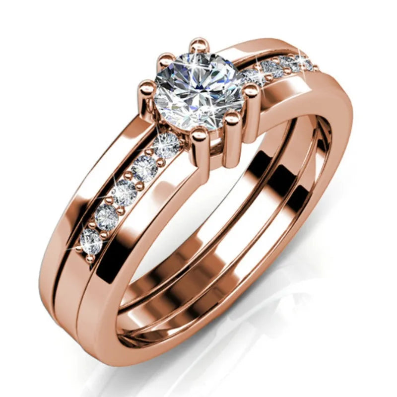 Daisini – Bague 2-en-1 Double Rang Or Rose Cristaux Swarovski | Laiton Plaqué, Fiançailles & Mariage, Saint-Valentin Soldes-ShopOnline