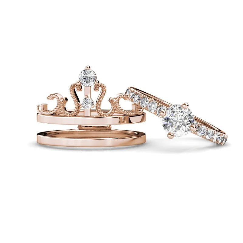 Daisini – Set Bague Couronne 2-en-1 Stackable Cristaux Autrichiens AAAA | Laiton Plaqué Or Rose, Mariage & Soirée Soldes-ShopOnline