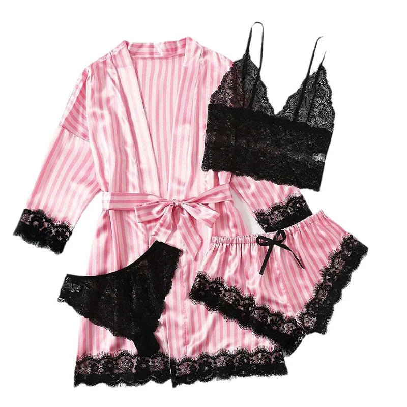Women's Fashion Pajama Print Sexy Lace Trim Faux Silk Satin Pajama Set Gown Skin Friendly Comfort Loungewear Sexy Pajamas Soldes-ShopOnline