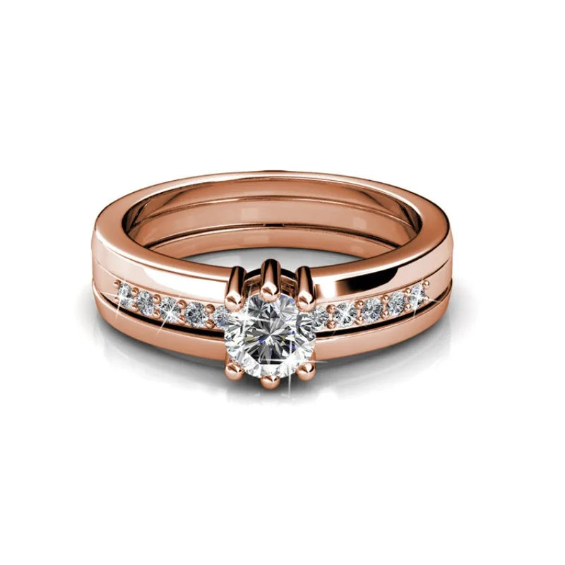 Daisini – Bague 2-en-1 Double Rang Or Rose Cristaux Swarovski | Laiton Plaqué, Fiançailles & Mariage, Saint-Valentin Soldes-ShopOnline