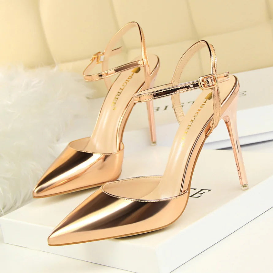 86-1 Style Simple Slim Ultra High Heel Shallow Painted Leather Sexy Nightclub Slimming One-word Strap Women Cool Shoes Soldes-ShopOnline