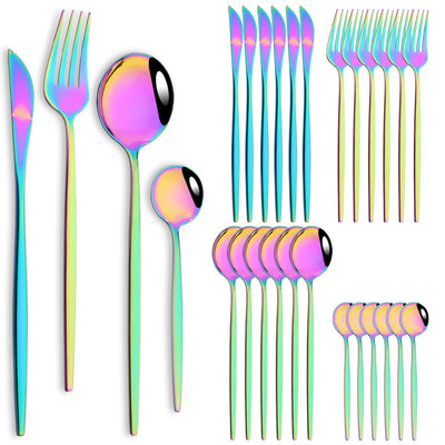 24pcs Stainless Steel Cutlery Set Knife Coffee Spoon Fork Dinnerware Set Mirror Durable Flatware Western Party Kitchen Tableware Soldes-ShopOnline