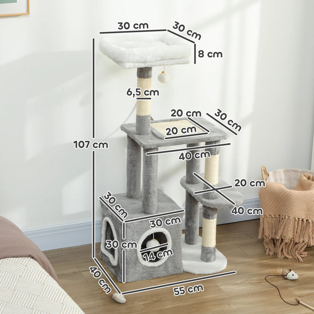 Arbre à Chat PawHut 107 cm – Tour avec Grotte, Plateformes & Griffoir Sisal Soldes-ShopOnline