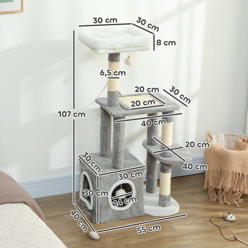 Arbre à Chat PawHut 107 cm – Tour avec Grotte, Plateformes & Griffoir Sisal Soldes-ShopOnline