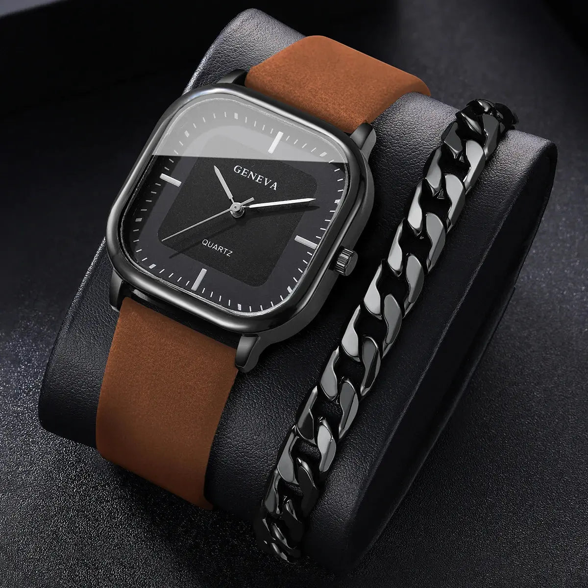 GENEVA 2PCS/Set Bracelet en cuir de mode Montres à quartz pour hommes Montres à cadran carré décontracté avec bracelet Reloj Hombre (sans boîte) Garçons/Hommes idée de cadeau à prix Discount - Soldes-ShopOnline