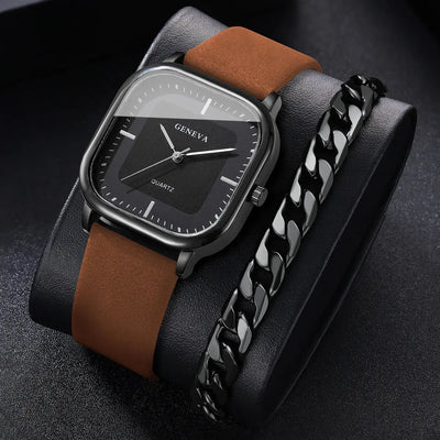 GENEVA 2PCS/Set Bracelet en cuir de mode Montres à quartz pour hommes Montres à cadran carré décontracté avec bracelet Reloj Hombre (sans boîte) Garçons/Hommes idée de cadeau à prix Discount - Soldes-ShopOnline