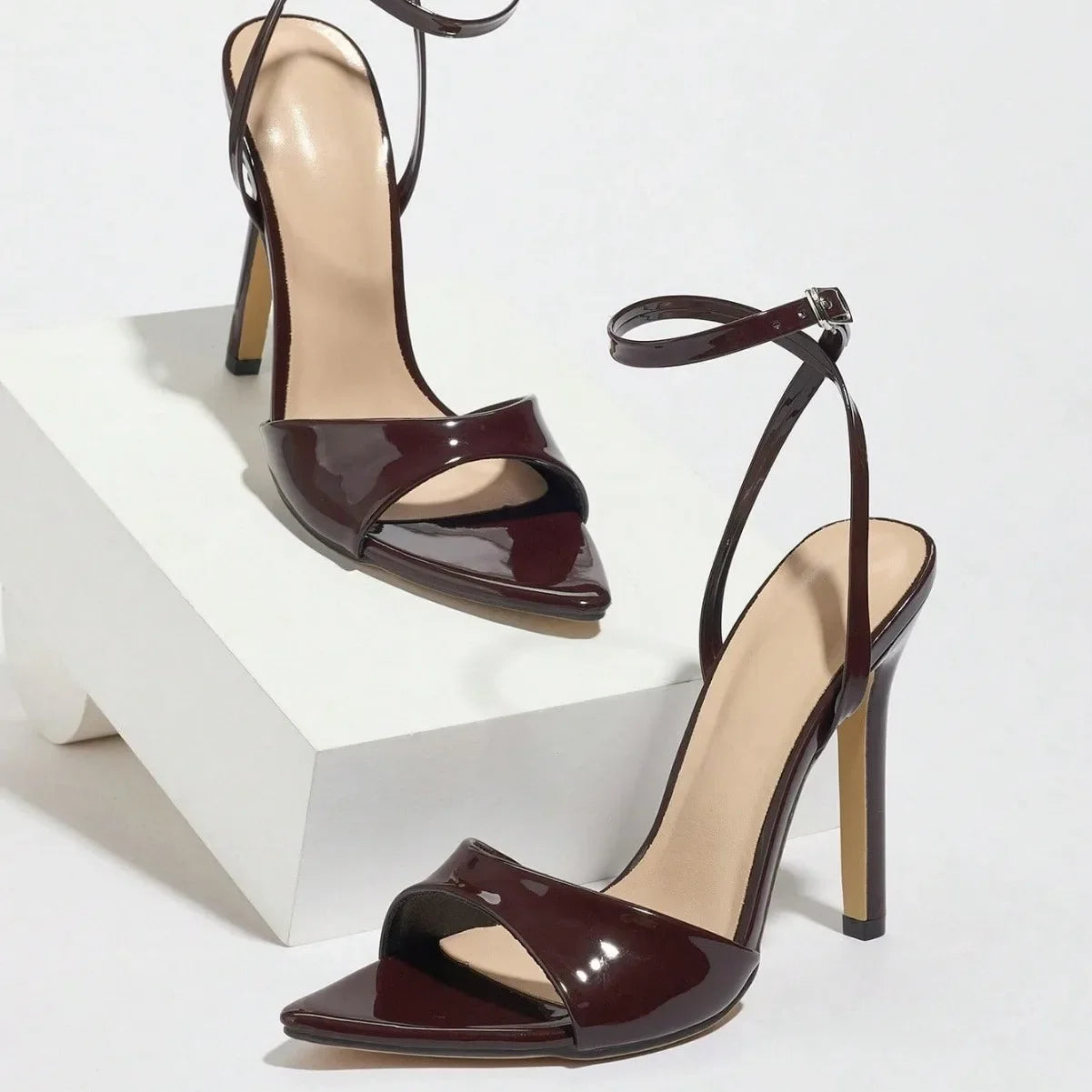 Women's Coffee Brown Patent Leather Pointed Toe Slim High Heels Sandals Crossbody Fashionable Elegant Comfortable Shoes Soldes-ShopOnline