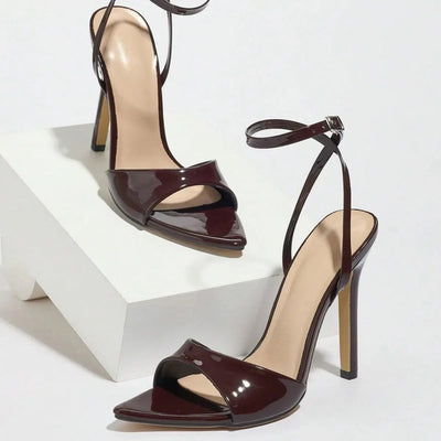 Women's Coffee Brown Patent Leather Pointed Toe Slim High Heels Sandals Crossbody Fashionable Elegant Comfortable Shoes Soldes-ShopOnline