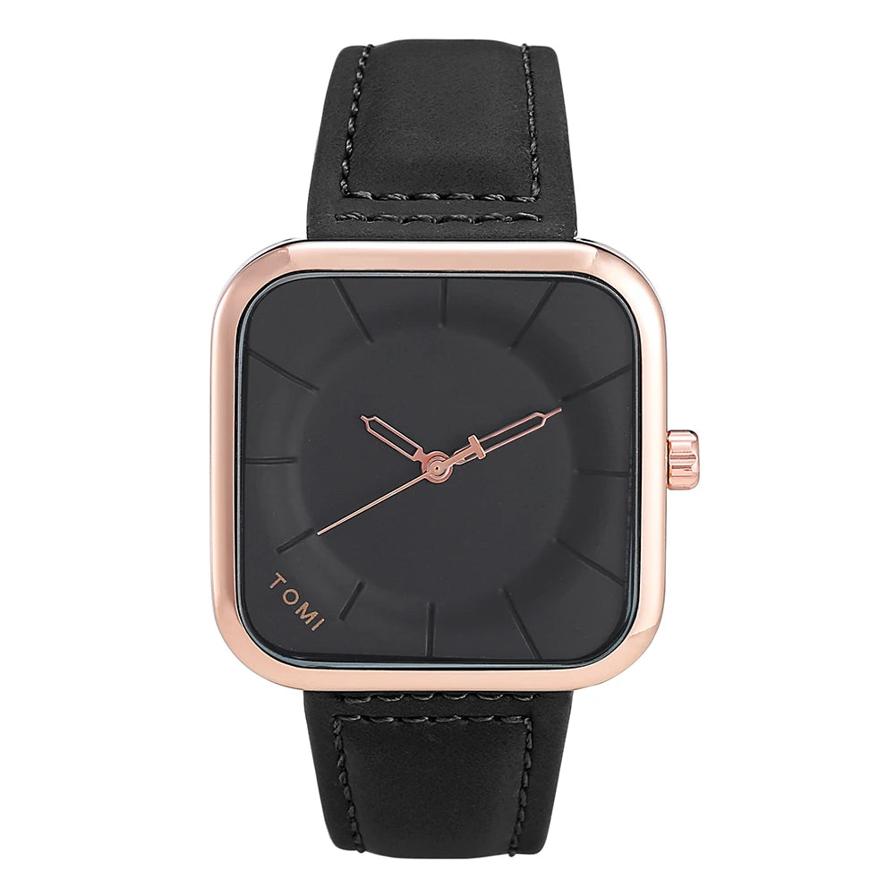 TOMI – Montre Quartz Carrée Noire Mixte | Bracelet Cuir, Design Épuré, Loisir & Business Soldes-ShopOnline