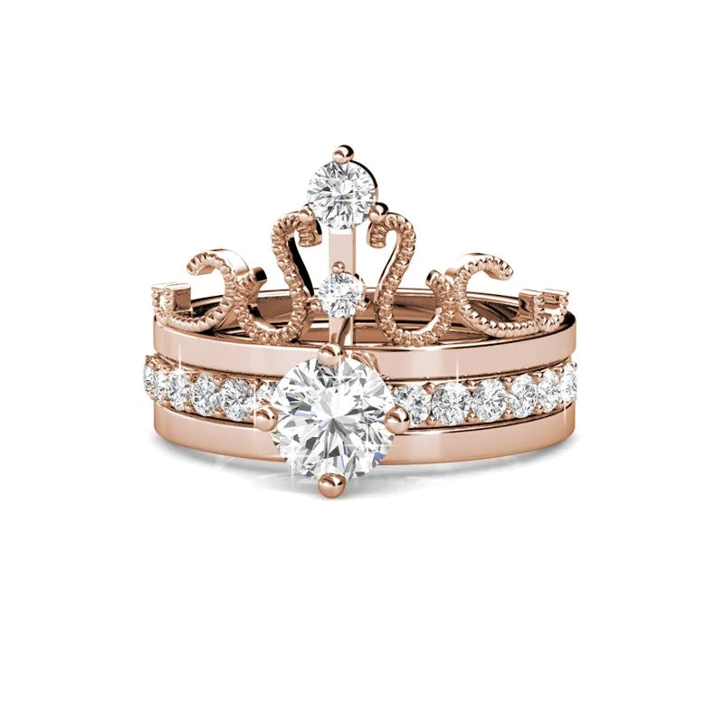 Daisini – Set Bague Couronne 2-en-1 Stackable Cristaux Autrichiens AAAA | Laiton Plaqué Or Rose, Mariage & Soirée Soldes-ShopOnline