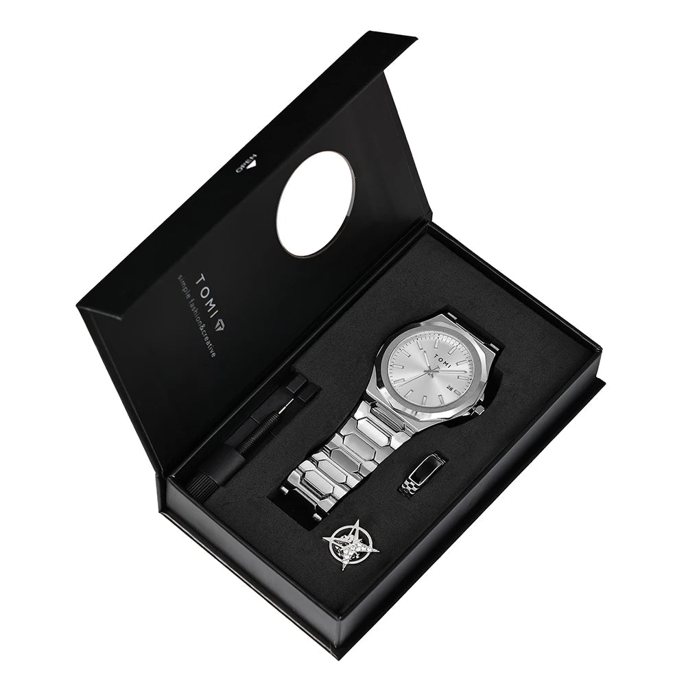 TOMI Luxury – Coffret Business Homme Montre Quartz Or Rose + Bague & Broche | Bracelet Acier, Cadran Épuré Soldes-ShopOnline