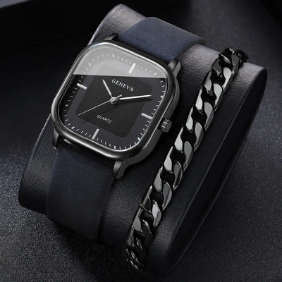GENEVA 2PCS/Set Bracelet en cuir de mode Montres à quartz pour hommes Montres à cadran carré décontracté avec bracelet Reloj Hombre (sans boîte) Garçons/Hommes idée de cadeau à prix Discount - Soldes-ShopOnline