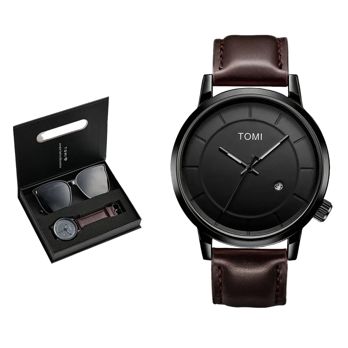 TOMI New 2PCS Casual Fashion Men Watch Gift Box Set Luxury Round Large Dial Calendar Men Quartz Watch Glasses Gift Box Soldes-ShopOnline