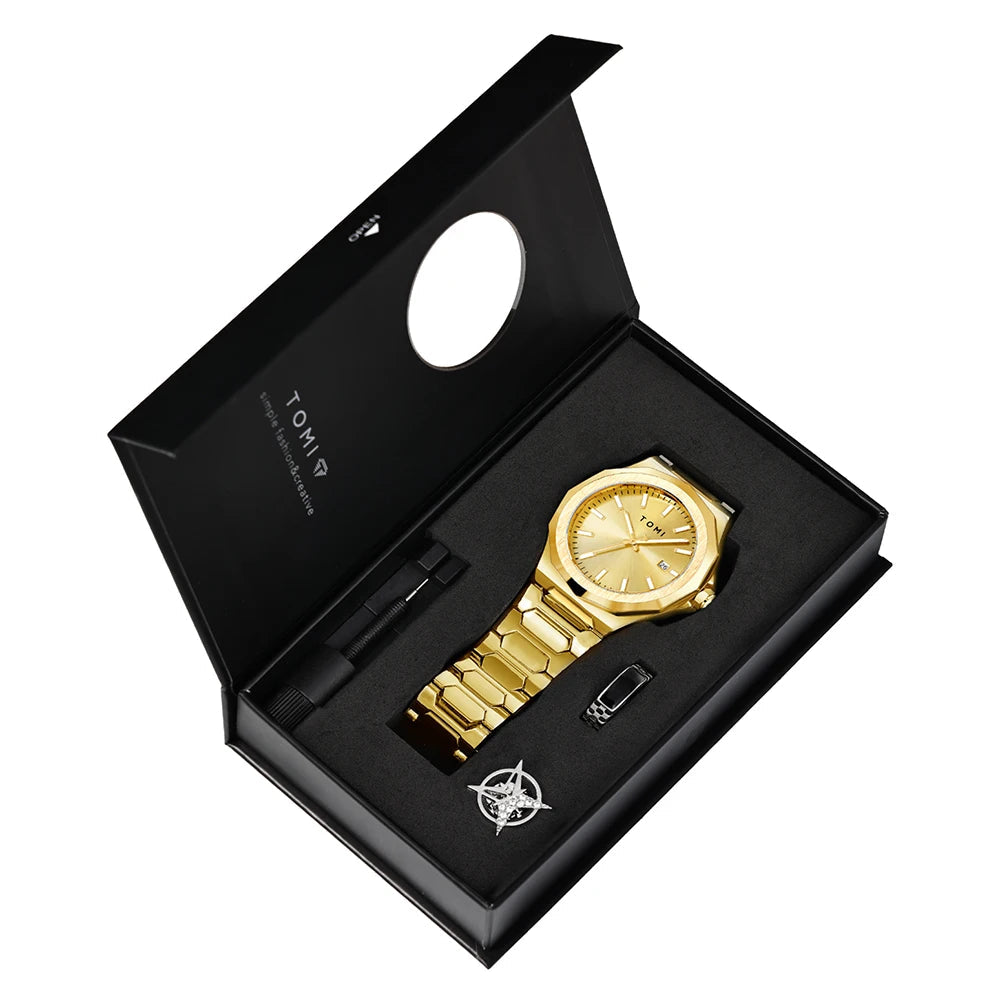 TOMI Luxury Business Men's Watch Gift Box Set High Quality Rose Gold Case Simple and Versatile Quartz Watch Relogio Masculino Soldes-ShopOnline