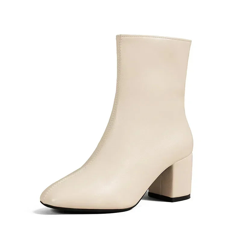 White Ankle Boots for Women  Side Zipper Stretch Middle Heel Large Size Short Boot Fashion Pointed Shoesr 2024 Soldes-ShopOnline
