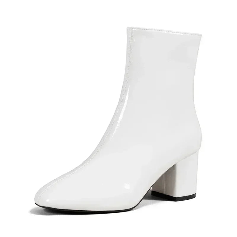 White Ankle Boots for Women  Side Zipper Stretch Middle Heel Large Size Short Boot Fashion Pointed Shoesr 2024 Soldes-ShopOnline