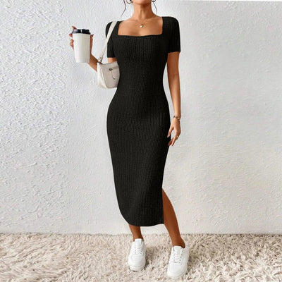 Robe Femme Col Carré Manches Courtes - Élégante Fente Latérale Soldes-ShopOnline