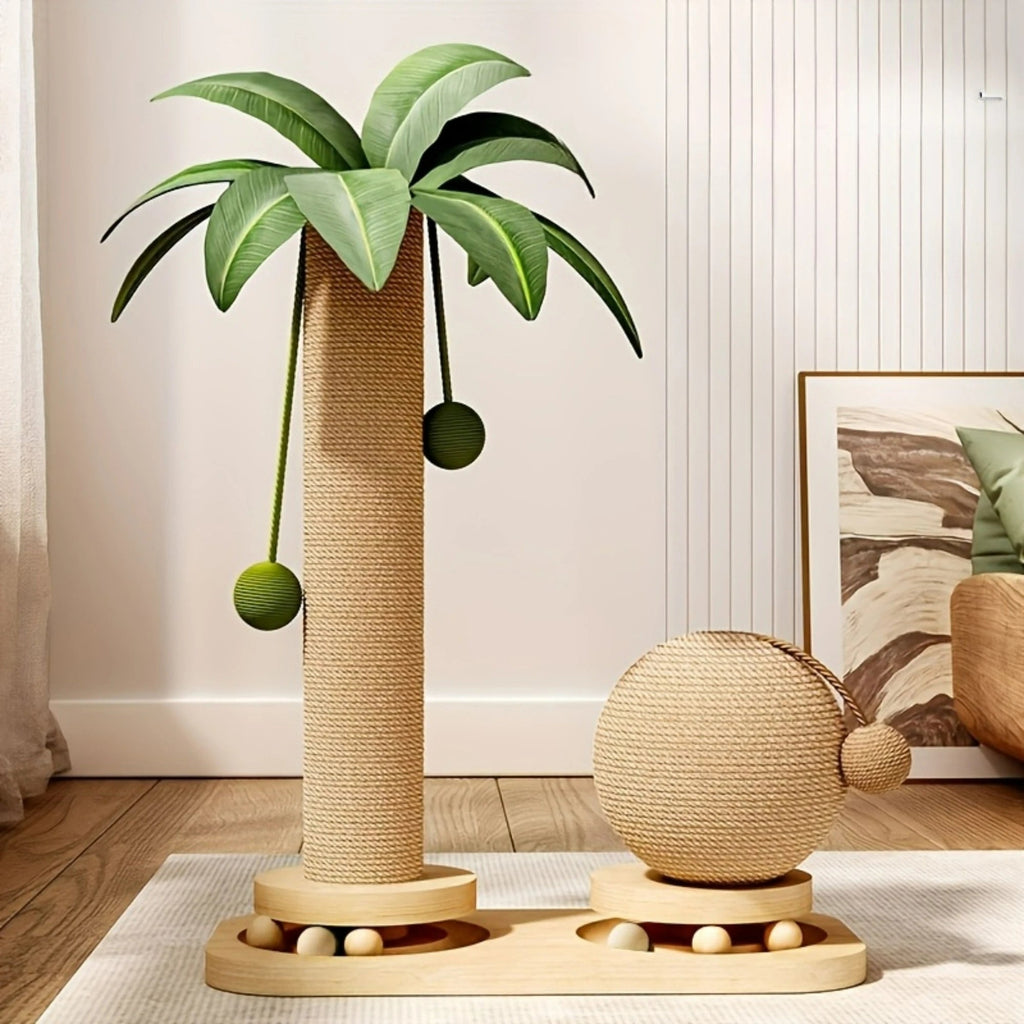 Arbre à Chat Cocotier 2-en-1 – Griffoir Sisal & Bois Massif avec Balles Soldes-ShopOnline