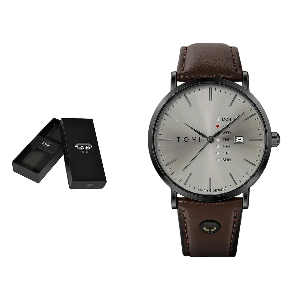TOMI – Montre Quartz Homme Texturée Business | Bracelet Cuir, Jour & Calendrier, Verre Hardlex Soldes-ShopOnline