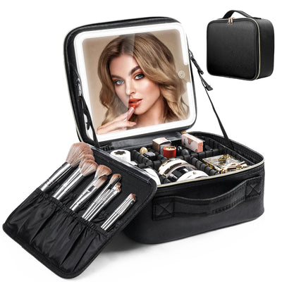 Travel Makeup Bag With LED Lighted Mirror, Makeup Train Case With Adjustable Dividers For Home,Gift,Vacation Soldes-ShopOnline
