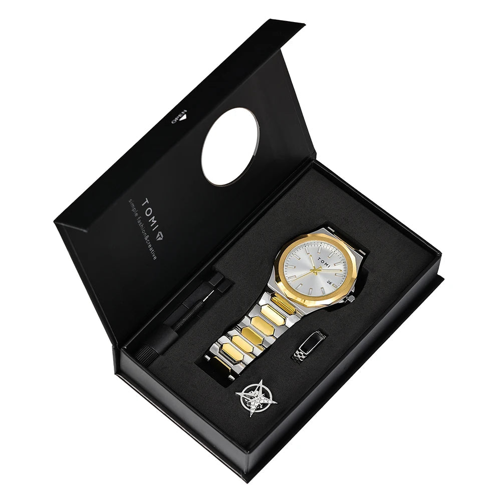 TOMI Luxury – Coffret Business Homme Montre Quartz Or Rose + Bague & Broche | Bracelet Acier, Cadran Épuré Soldes-ShopOnline