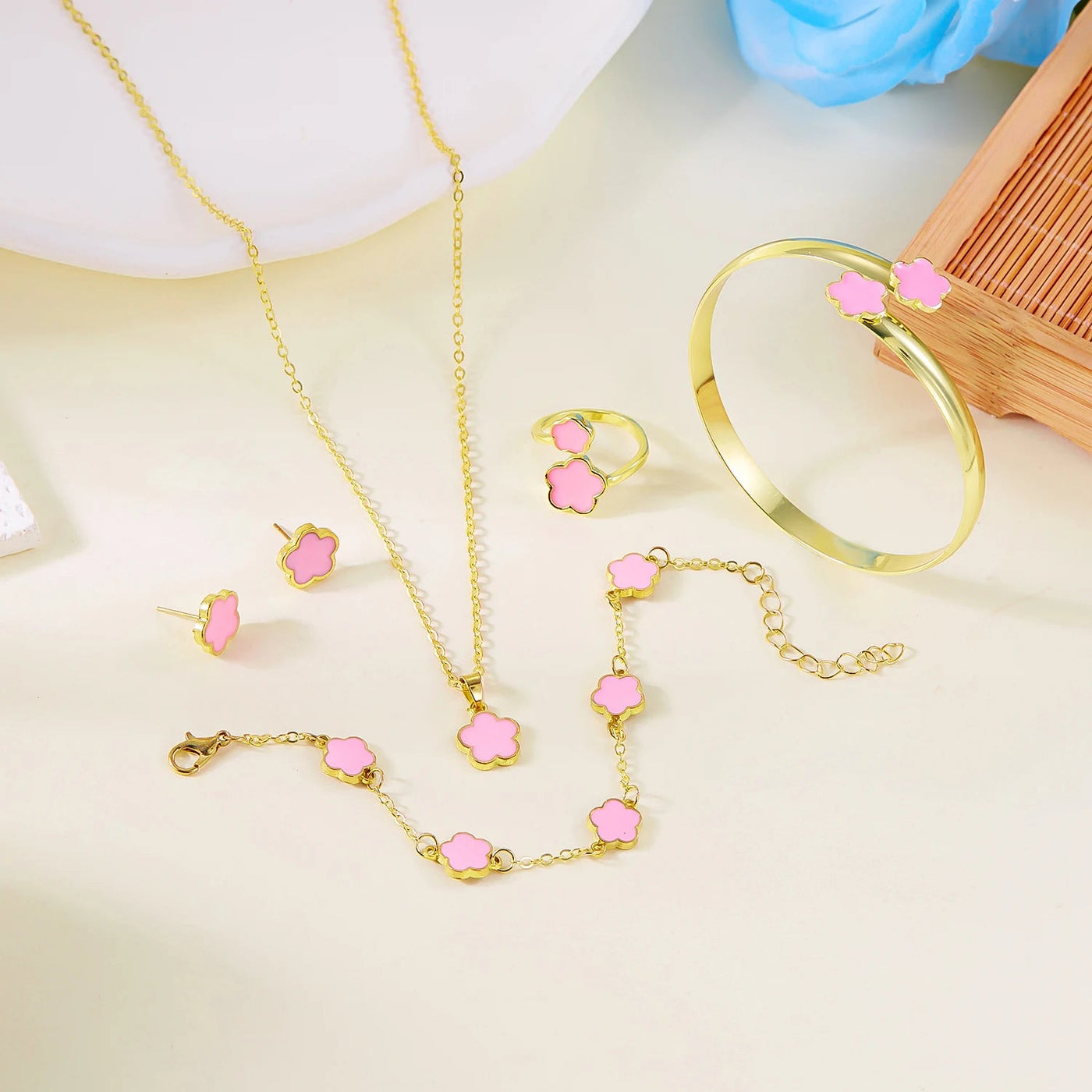 Set 5 Bijoux Femme Fleurs Prunier Émaillées - Bracelets Collier Boucles Soldes-ShopOnline