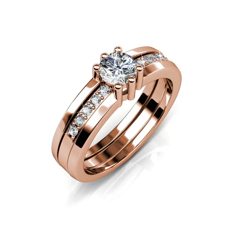 Daisini – Bague 2-en-1 Double Rang Or Rose Cristaux Swarovski | Laiton Plaqué, Fiançailles & Mariage, Saint-Valentin Soldes-ShopOnline