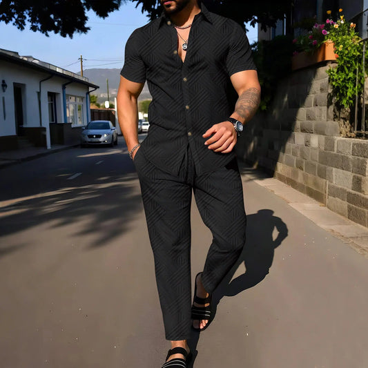 Une chemise à manches courtes deux pièces à la mode et tendance avec un pantalon long est parfaite pour les vêtements décontractés quotidiens des hommes au printemps et en automne été décontracté ensembles tenue pour homme - Soldes-ShopOnline