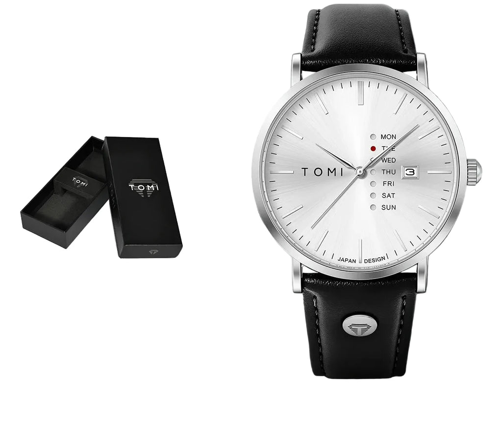 TOMI – Montre Quartz Homme Texturée Business | Bracelet Cuir, Jour & Calendrier, Verre Hardlex Soldes-ShopOnline