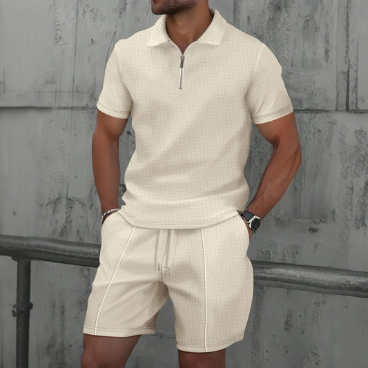 2025 Hommes nouvel été Waffle couleur unie zip-up revers costume à manches courtes shorts deux ensembles ensembles chill short polo zip pour hommes décontracter classe chics - Soldes-ShopOnline