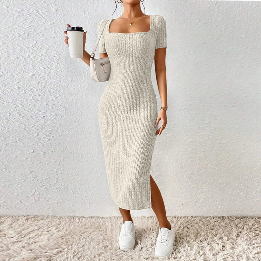 Women's New French Stand Alone Square Neck Short Sleeve Side Slit Dress Lady Short Sleeve Square Collar Side Slit Dress Vestidos Soldes-ShopOnline