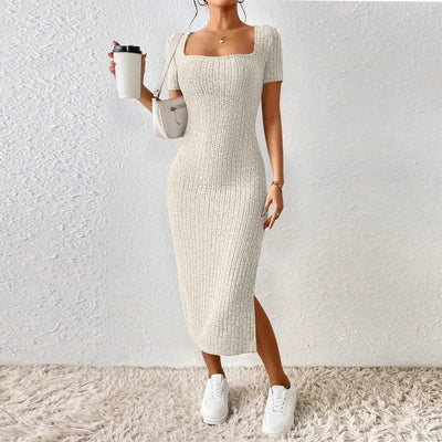 Robe Femme Col Carré Manches Courtes - Élégante Fente Latérale Soldes-ShopOnline