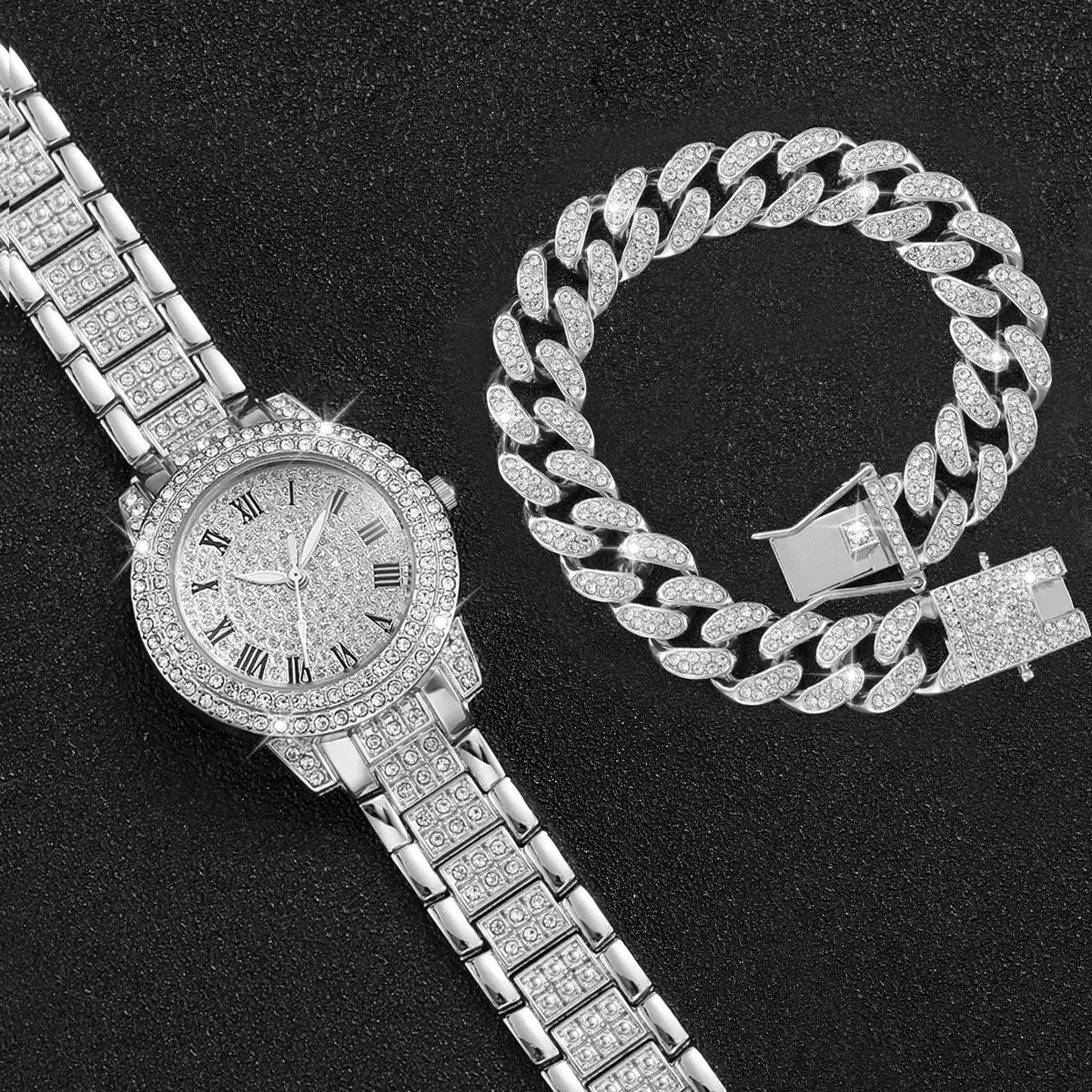 2PCS Mode Diamant Femmes Montres Or Montre Dames Montres-Poignets Luxe Strass Femmes Bracelet Montres idée de cadeau femmes/filles - Soldes-ShopOnline