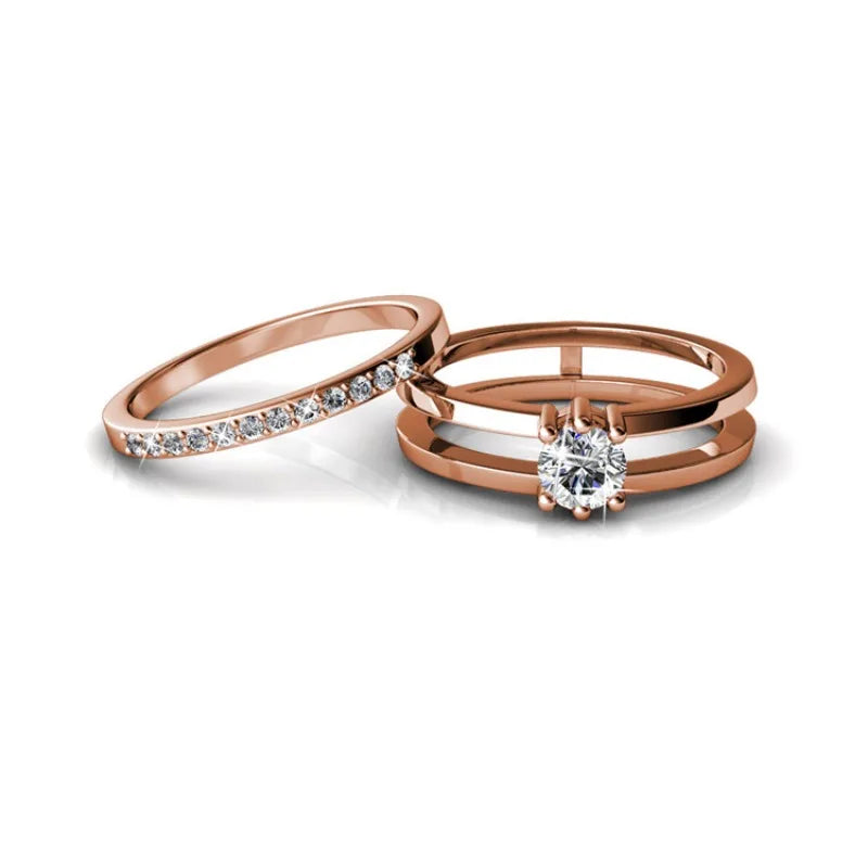 Daisini – Bague 2-en-1 Double Rang Or Rose Cristaux Swarovski | Laiton Plaqué, Fiançailles & Mariage, Saint-Valentin Soldes-ShopOnline