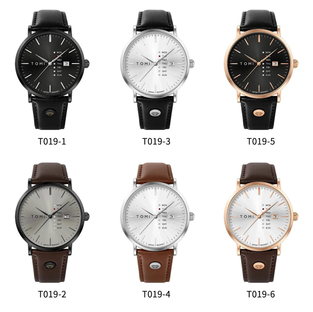 TOMI – Montre Quartz Homme Texturée Business | Bracelet Cuir, Jour & Calendrier, Verre Hardlex Soldes-ShopOnline