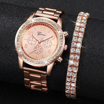 GENEVA 2PCS Mode Strass Montre Femme Bande En Acier Doré Montres-Bracelets Quartz Ensemble De Bracelets En Diamant (Sans Boîte)Filles/Femmes idée de cadeau à Prix Discount - Soldes-ShopOnline