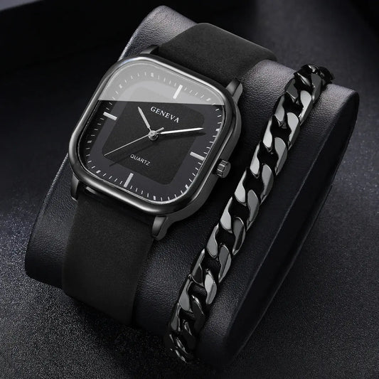 GENEVA 2PCS/Set Bracelet en cuir de mode Montres à quartz pour hommes Montres à cadran carré décontracté avec bracelet Reloj Hombre (sans boîte) Garçons/Hommes idée de cadeau à prix Discount - Soldes-ShopOnline