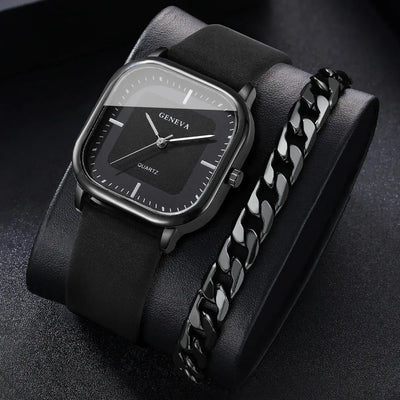 GENEVA 2PCS/Set Bracelet en cuir de mode Montres à quartz pour hommes Montres à cadran carré décontracté avec bracelet Reloj Hombre (sans boîte) Garçons/Hommes idée de cadeau à prix Discount - Soldes-ShopOnline