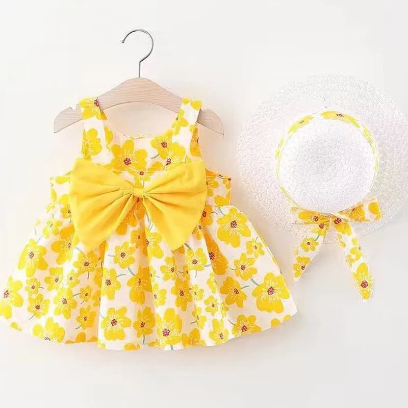 Robe Princesse Bébé Fille LJW – Fleurie, Sans Manches, Noeud + Chapeau, 0-3 Ans Soldes-ShopOnline