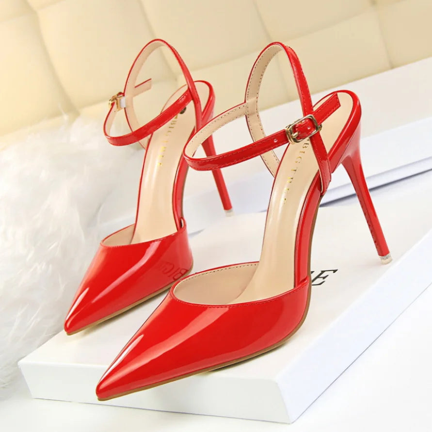 86-1 Style Simple Slim Ultra High Heel Shallow Painted Leather Sexy Nightclub Slimming One-word Strap Women Cool Shoes Soldes-ShopOnline