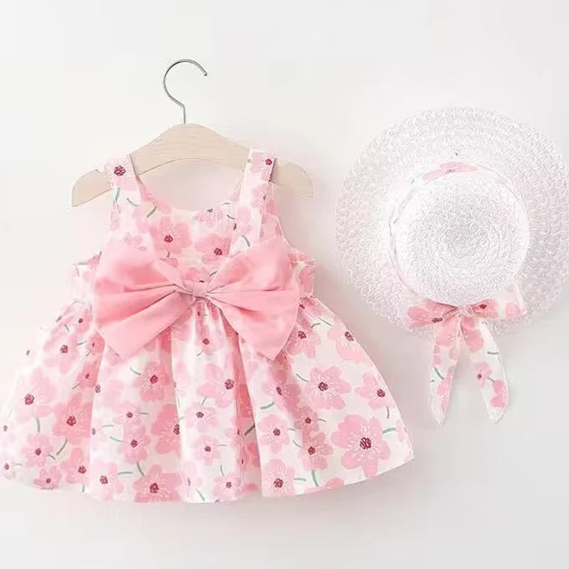 Robe Princesse Bébé Fille LJW – Fleurie, Sans Manches, Noeud + Chapeau, 0-3 Ans Soldes-ShopOnline