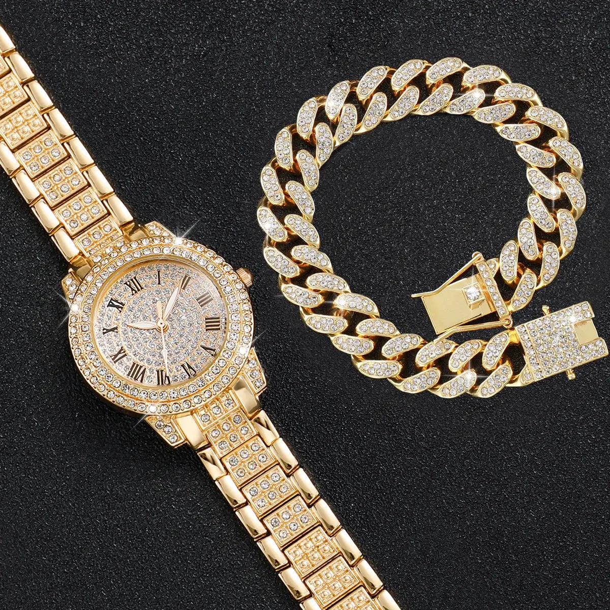 2PCS Mode Diamant Femmes Montres Or Montre Dames Montres-Poignets Luxe Strass Femmes Bracelet Montres idée de cadeau femmes/filles - Soldes-ShopOnline