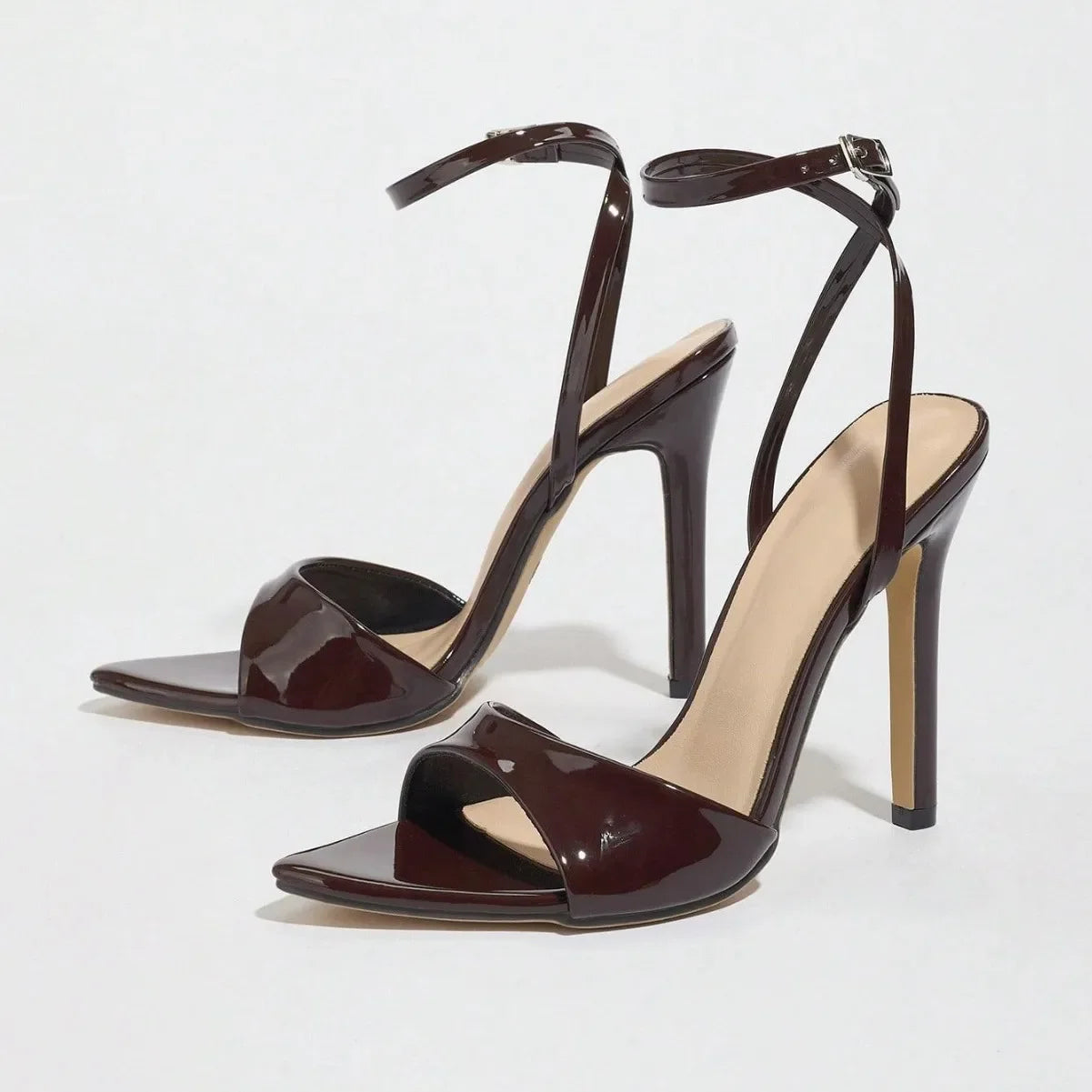 Women's Coffee Brown Patent Leather Pointed Toe Slim High Heels Sandals Crossbody Fashionable Elegant Comfortable Shoes Soldes-ShopOnline