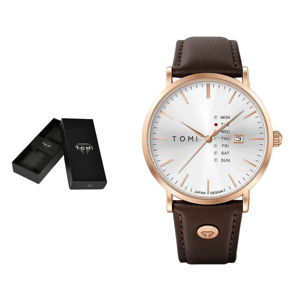 TOMI – Montre Quartz Homme Texturée Business | Bracelet Cuir, Jour & Calendrier, Verre Hardlex Soldes-ShopOnline
