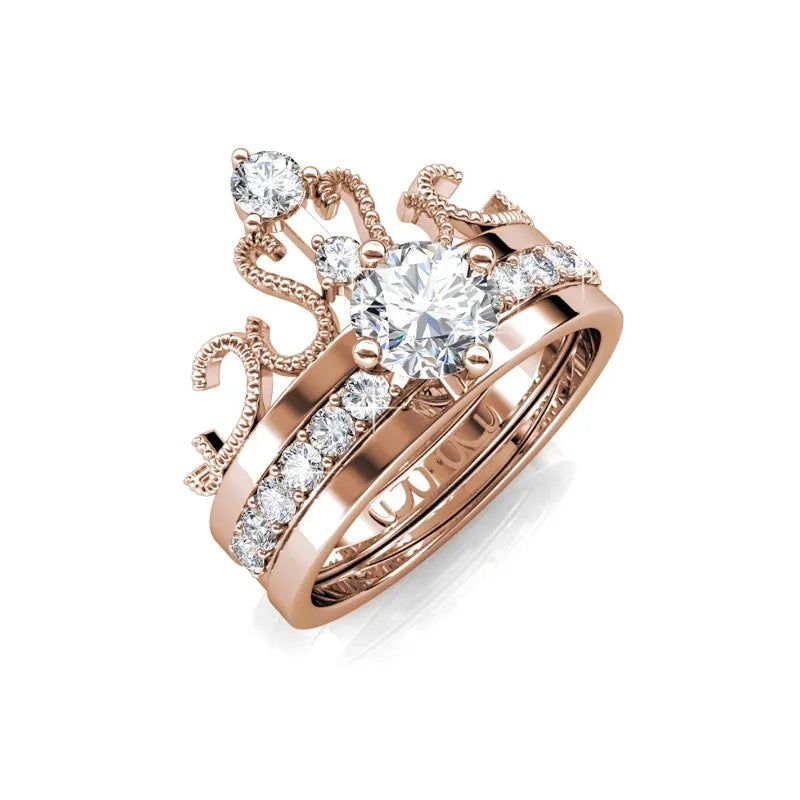 Daisini – Set Bague Couronne 2-en-1 Stackable Cristaux Autrichiens AAAA | Laiton Plaqué Or Rose, Mariage & Soirée Soldes-ShopOnline