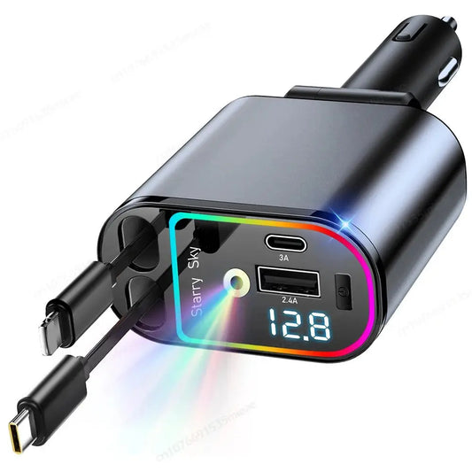 Transmetteur FM +Option led Ciel étoilé + Chargeur de voiture rétractable Starlight, Max 120W 4 en 1 accessoires de voiture, chargeur de téléphone de voiture rapide avec 2 ports USB pour téléphone Bluetooth à Prix Discount - Soldes-ShopOnline