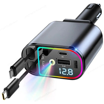 Transmetteur FM +Option led Ciel étoilé + Chargeur de voiture rétractable Starlight, Max 120W 4 en 1 accessoires de voiture, chargeur de téléphone de voiture rapide avec 2 ports USB pour téléphone Bluetooth à Prix Discount - Soldes-ShopOnline